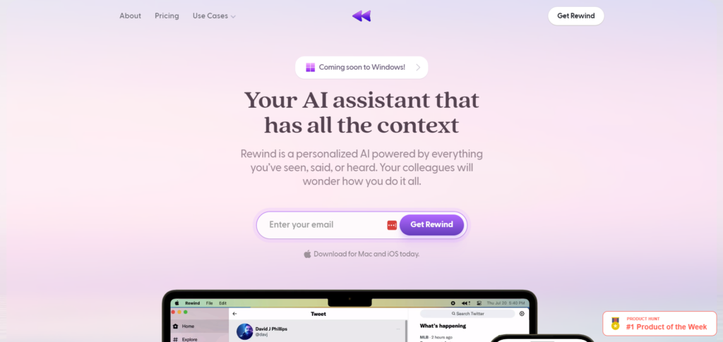 Rewind AI Screenshot Startseite