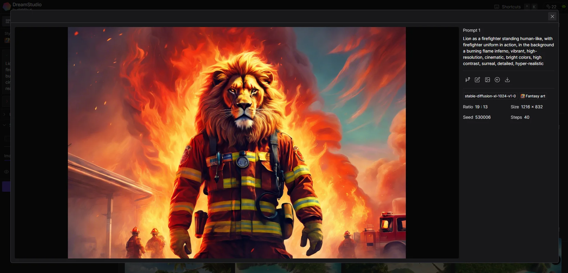 Löwe als Feuermann mit hohem Kontrast und lebendigen Farben.