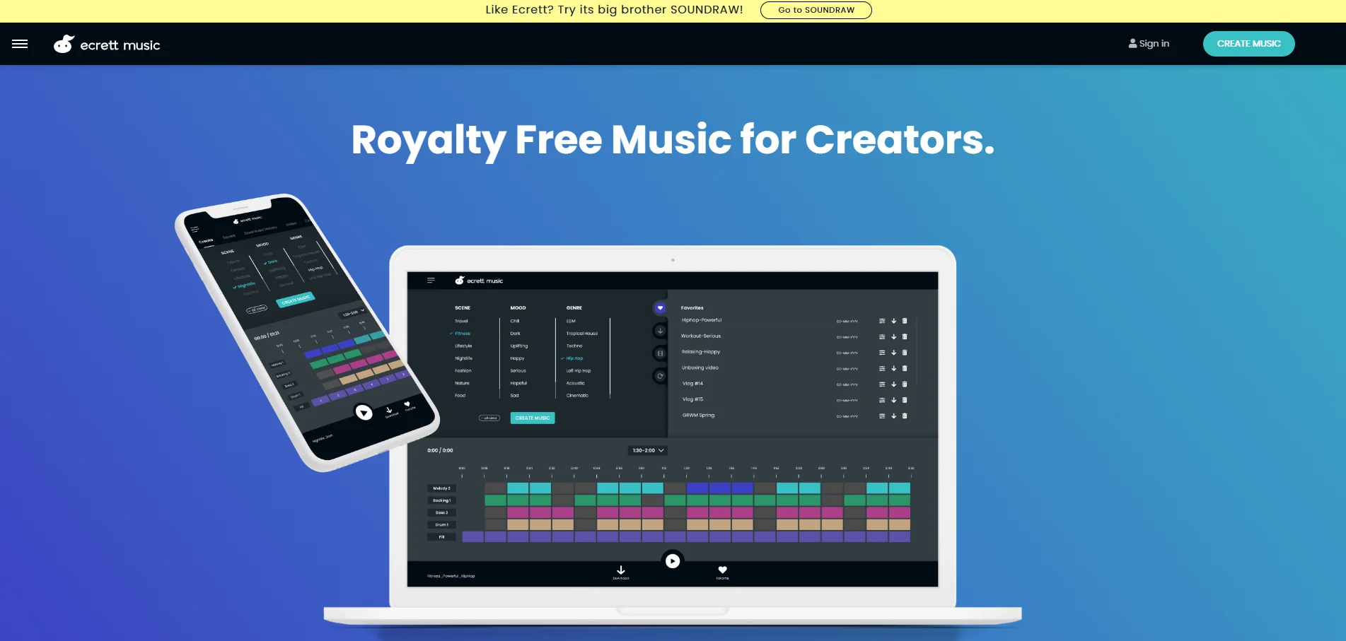 Ecrett Music Generator Website Screenshot  mit Royalty Free Music als Beispiel