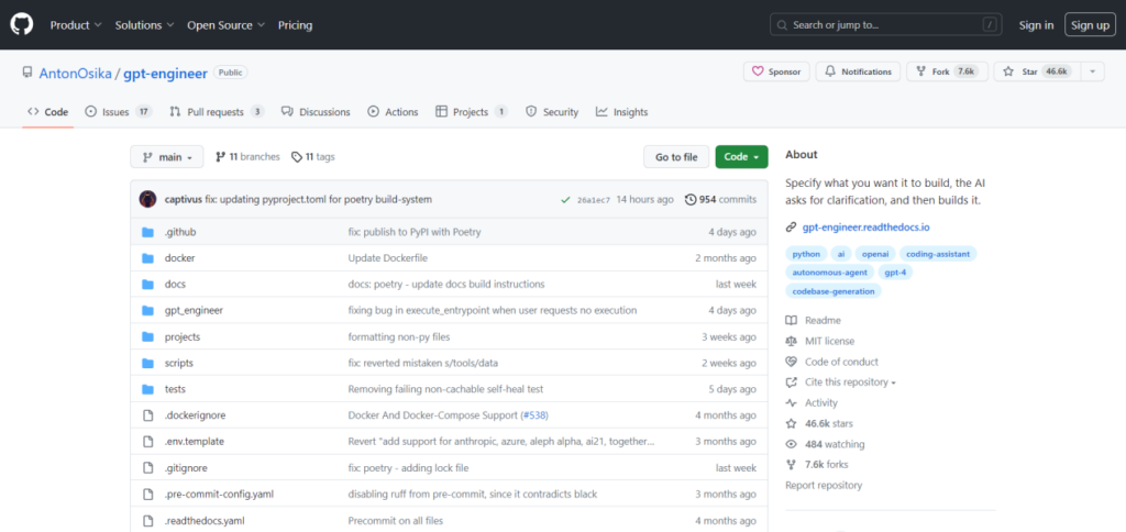 GPT Engineer Githup Seiten Ansicht
