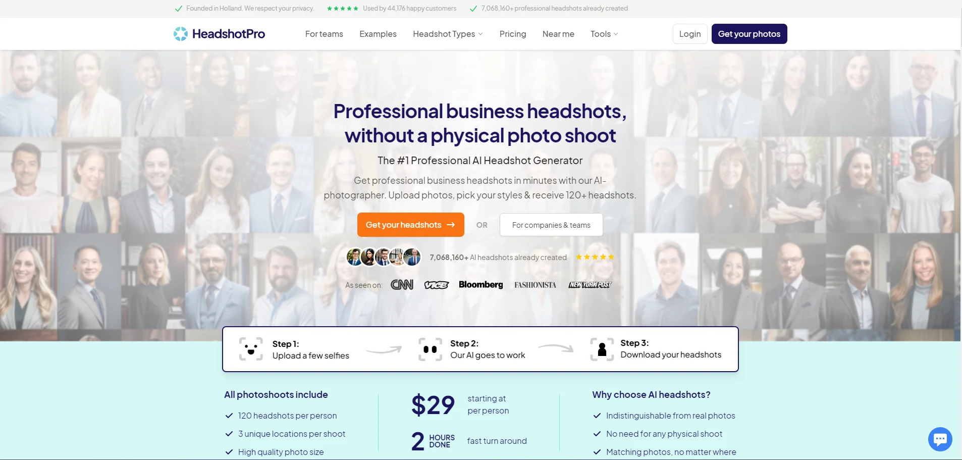 HeadshotPro KI Portrait-Generator Startseite mit Beispielen