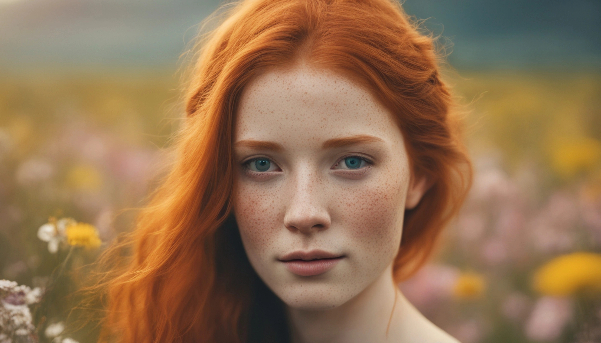 Schönes Mädchen mit Sommersprossen und rotem Haar generiert mit dem Image Generator von Let's Enhance