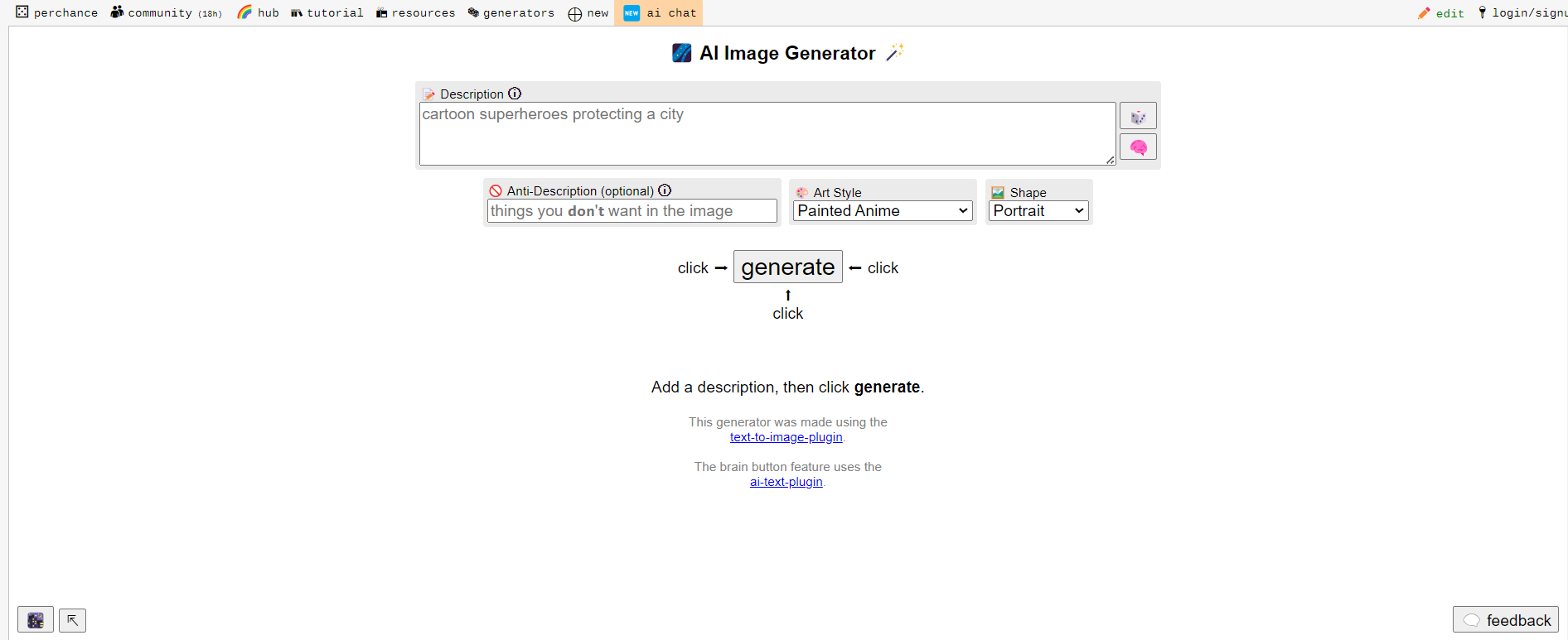 Perchance AI Image Generator Screenshot Startseite