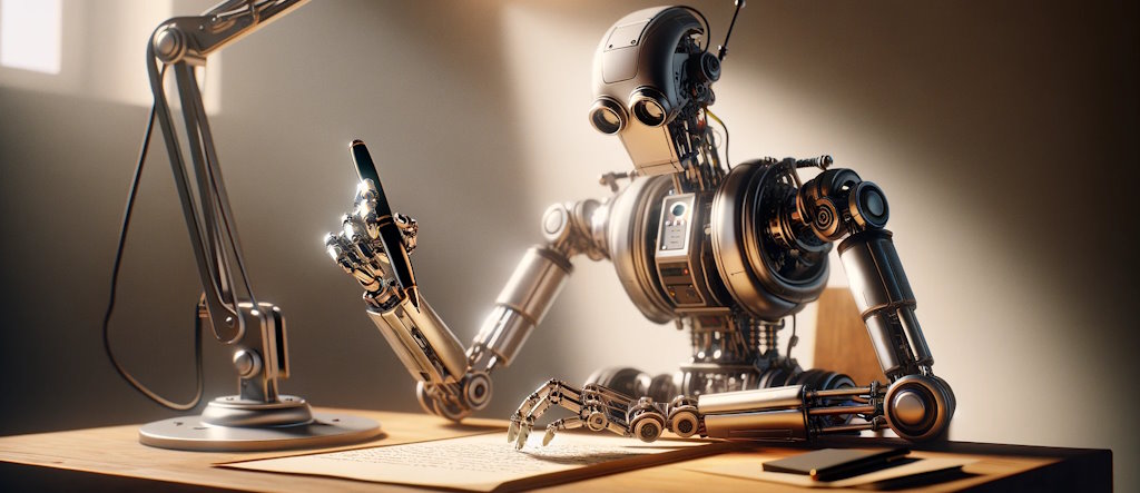 Ki Textgeneratoren - Roboter schreibt am Schreibtisch einen Text