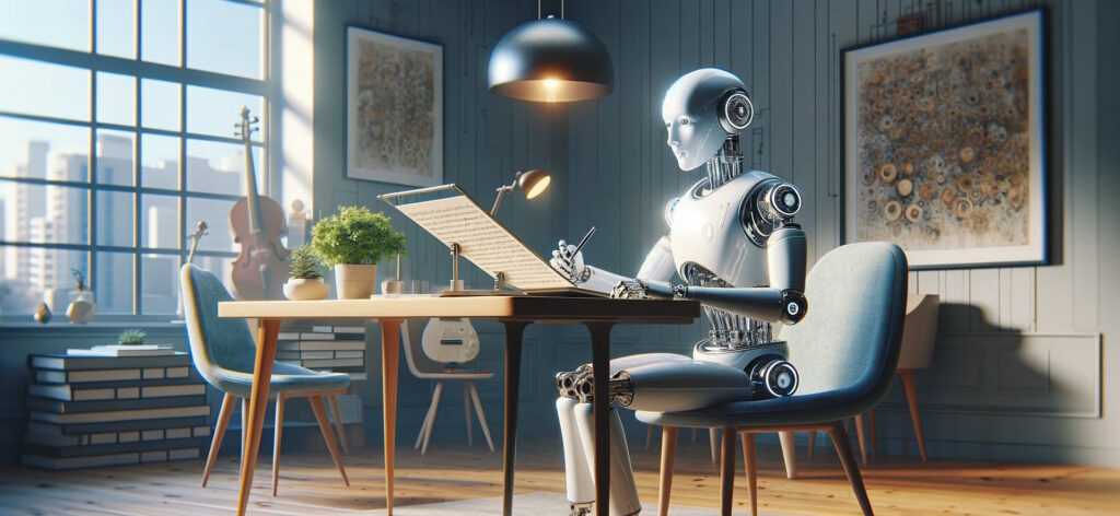 Ki-Songtext Generator - Roboter sitzt am Tisch und generiert Lyrics zu Musik