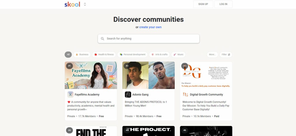 Skool Community Onlinekurs Plattform von Sam Ovens Startseite