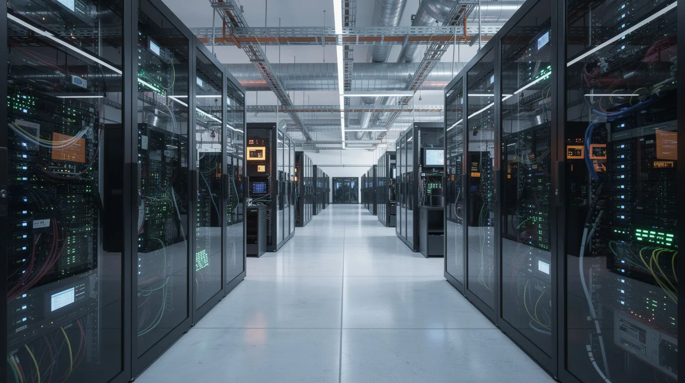 Das Bild zeigt verschiedene Serverräume und Rechenzentren in einer modernen Industrieanlage, die mit blinkenden LED-Leuchten ausgestattet sind. Diese Infrastruktur ist entscheidend für die Unterstützung von KI-Anwendungen und spiegelt den aktuellen KI-Boom wider, der Milliarden Dollar an Investitionen und ein wachsendes Interesse von Tech-Konzernen und Start-ups anzieht.