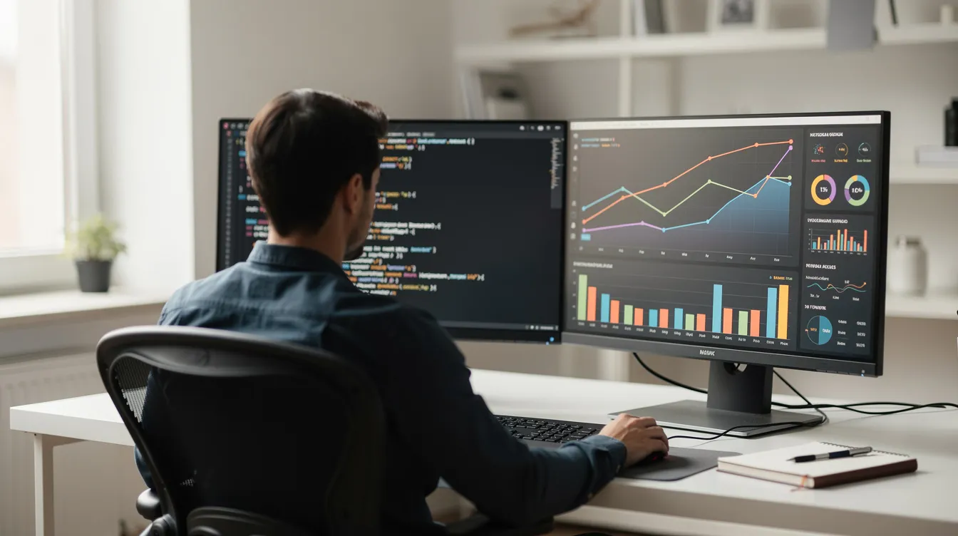 Eine Person sitzt an einem Schreibtisch mit zwei Monitoren, die Code und Datenvisualisierungen anzeigen. Der Schreibtisch ist mit einem KI-Assistenten ausgestattet, der möglicherweise Funktionen von Google Gemini nutzt, um die Arbeit zu unterstützen.