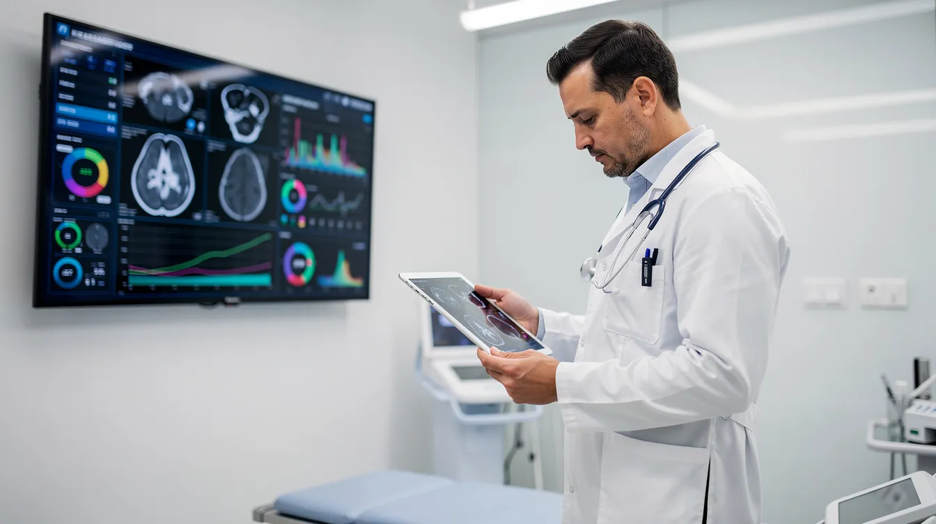Ein Arzt in einem modernen Behandlungsraum analysiert medizinische Bilder auf einem Tablet, während im Hintergrund ein großer Bildschirm mit Diagnosedaten zu sehen ist. Diese Szene verdeutlicht den Einsatz von KI-Technologie in der Medizin, die zunehmend in der Patientenversorgung und Diagnostik integriert wird.