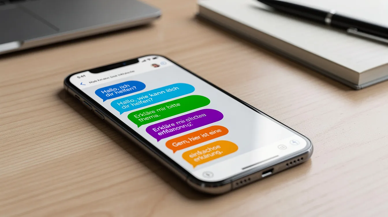 Ein Smartphone liegt auf einem Schreibtisch, auf dessen Display ein KI-Chat-Fenster mit bunten Sprechblasen zu sehen ist, das die Funktionen eines KI-Assistenten demonstriert. In diesem Fenster werden verschiedene Fragen und Antworten angezeigt, die auf die Interaktion mit dem Google Gemini 3.5 Modell hinweisen.