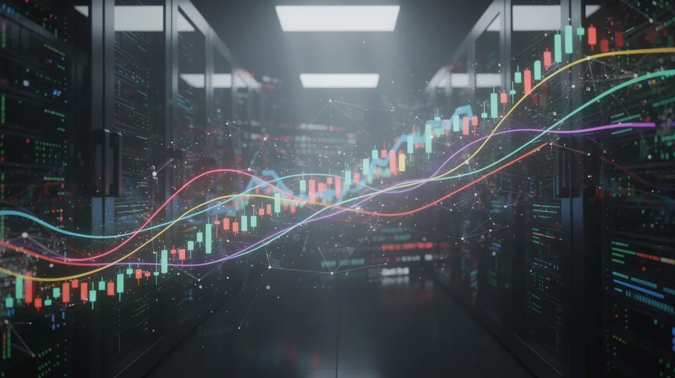Die abstrakte Darstellung zeigt eine dynamische Börsenlandschaft mit steigenden und fallenden Kurven, umgeben von Serverracks und leuchtenden Datenpunkten, die die Welt der künstlichen Intelligenz und der Investitionen in Tech-Konzerne symbolisieren. Diese visuelle Komposition spiegelt die Euphorie und Risiken wider, die mit dem aktuellen KI-Hype und den Milliarden Dollar schweren Investitionen verbunden sind.