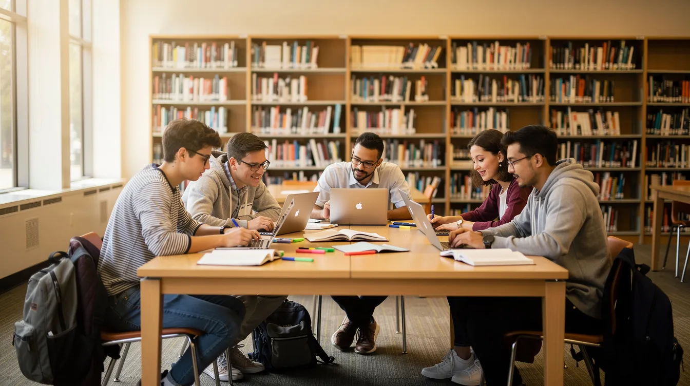 In einer Bibliothek arbeiten mehrere Studierende gemeinsam an Laptops, während sie sich über ihre Aufgaben austauschen. Die Atmosphäre ist konzentriert, und die Gruppe nutzt verschiedene Technologien, um ihre Projekte zu unterstützen.