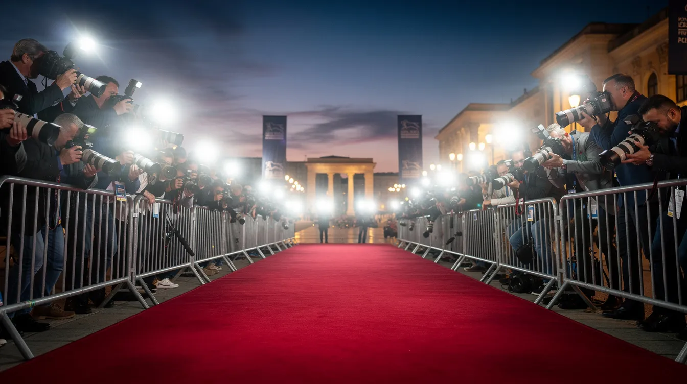Ein roter Teppich erstreckt sich bei einem Filmfestival in der Abenddämmerung, umgeben von Blitzlichtern und Kameras, die die glamouröse Atmosphäre einfangen. Diese Szene könnte eine ki schauspielerin wie Tilly Norwood zeigen, die im Mittelpunkt des Interesses steht und die Magie der Filmbranche verkörpert.