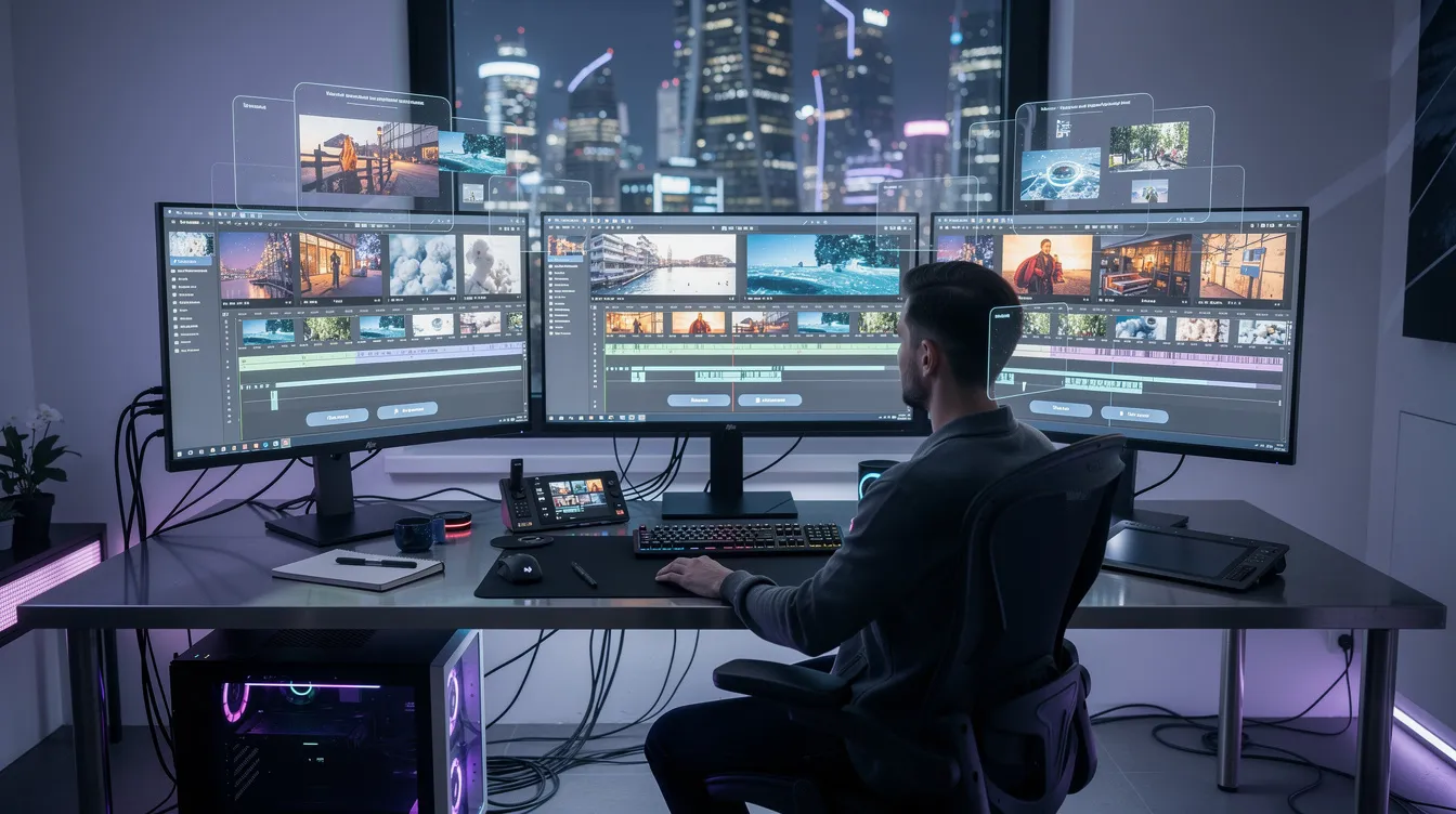 Das Bild zeigt einen futuristischen Arbeitsplatz mit mehreren Bildschirmen, auf denen kreative Videos aus Fotos mithilfe eines KI-Generators erstellt werden. Die Bildschirme präsentieren verschiedene Animationen und Übergänge, die die Videogenerierung von Standbildern in lebendige Inhalte umsetzen.