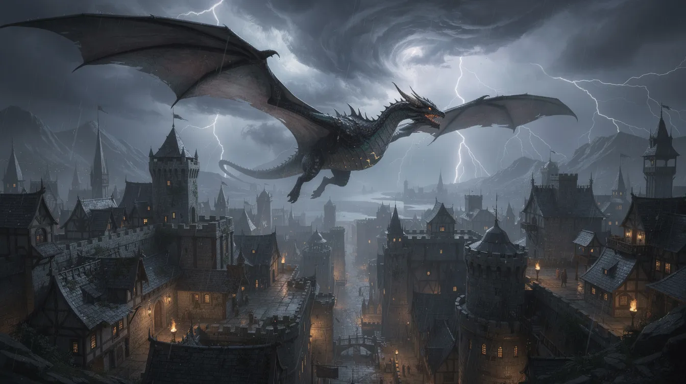 Ein dramatisches Fantasielandschaftsbild zeigt einen majestätischen Drachen, der über eine mittelalterliche Stadt fliegt, während ein Gewitter den Himmel erhellt. Die Szene vermittelt eine Atmosphäre von Abenteuer und Spannung, ideal für die Erstellung von KI-generierten Inhalten oder Videos.