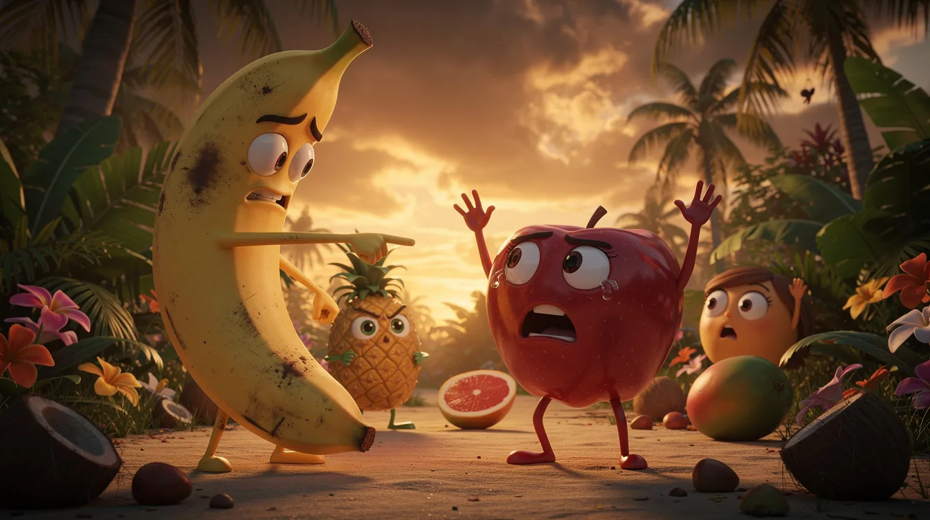 In einer dramatischen Szene konfrontieren sich animierte Fruchtfiguren, darunter eine Banane und eine Erdbeere, in einem lebhaften tropischen Setting emotional. Die Gesichter der Früchte drücken starke Gefühle aus, während sie in einem spannenden Dialog um Aufmerksamkeit und Vertrauen ringen, was an die beliebten ki frucht videos und deren Inhalte erinnert.