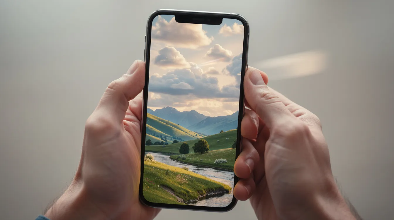 Nahaufnahme von Händen, die ein Smartphone halten, auf dessen Bildschirm eine animierte Landschaft mit bewegten Wolken zu sehen ist. Die Animation bringt das Bild zum Leben und zeigt die dynamischen Elemente der Natur in hoher Qualität.