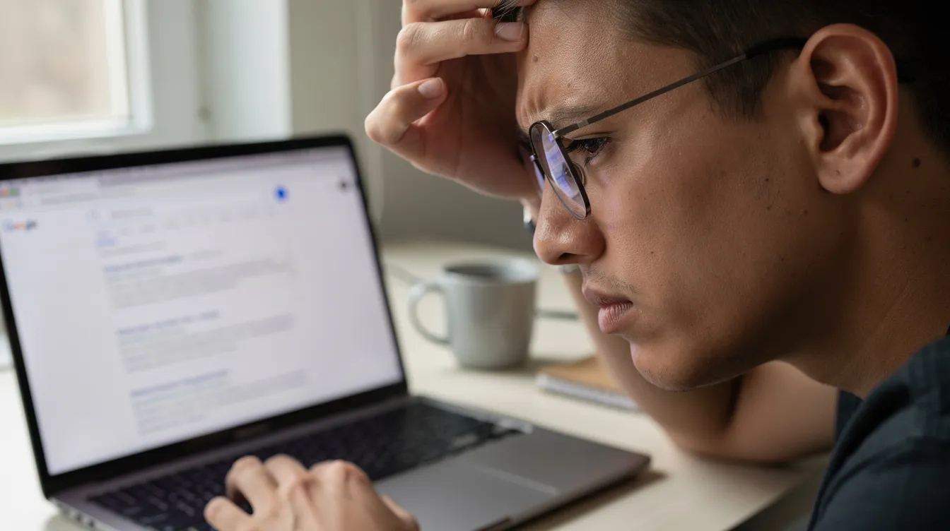 Eine frustrierte Person betrachtet aufmerksam den Laptop-Bildschirm, auf dem eine Übersicht mit Suchergebnissen angezeigt wird. Die Mimik zeigt Unzufriedenheit, während sie nach hilfreichen Informationen und Antworten in der Suchmaschine sucht.