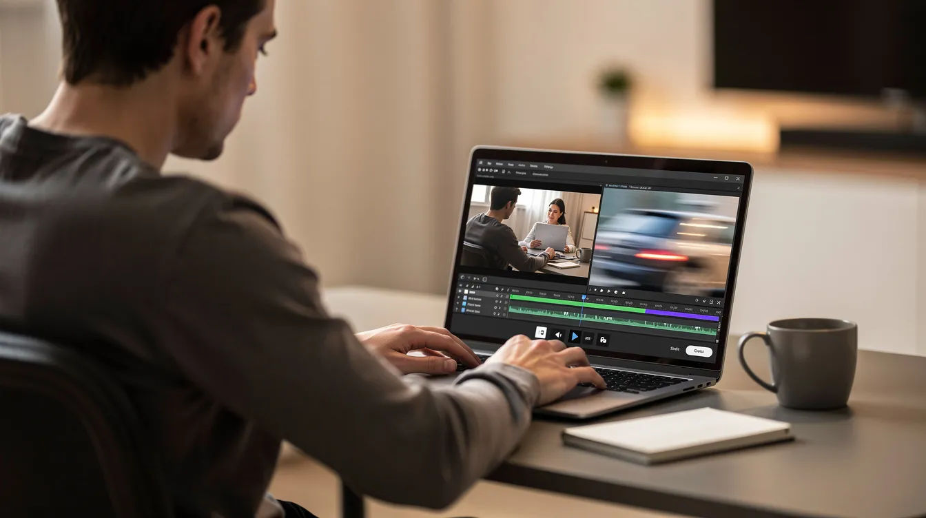 Eine Person sitzt an einem Laptop und schaut fasziniert zu, wie ein Foto auf dem Bildschirm in ein kurzes animiertes Video verwandelt wird. Die Animation zeigt lebendige Bewegungen und Emotionen, die das ursprüngliche Bild lebendig werden lassen.