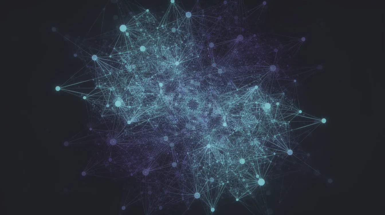 Die abstrakte Darstellung eines neuronalen Netzwerks zeigt leuchtende Knotenpunkte und Verbindungslinien vor einem dunklen Hintergrund, was die Komplexität der künstlichen Intelligenz symbolisiert. Diese visuelle Komposition könnte als Inspiration für ein Filmprojekt im Stil von "ki schauspielerin tilly norwood" dienen und verdeutlicht die Verbindung zwischen Technologie und kreativer Arbeit in der Filmbranche.