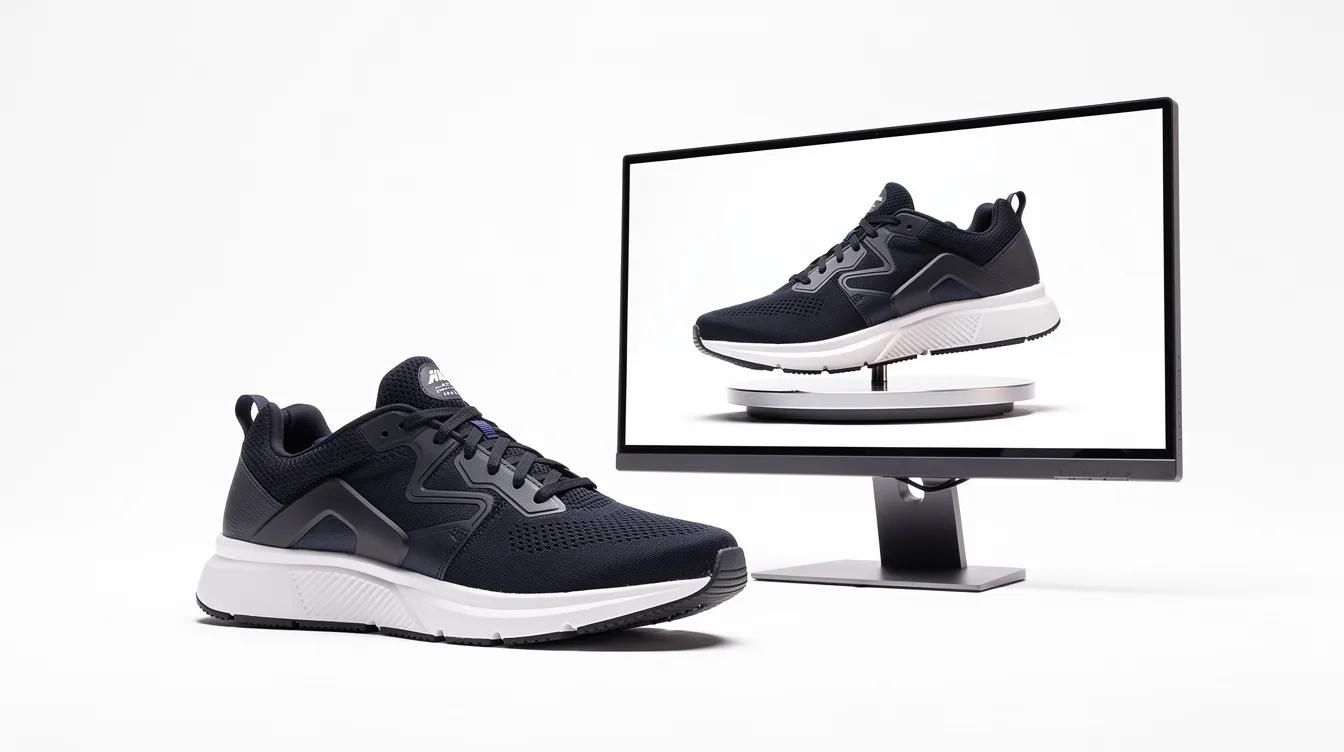 Das Bild zeigt einen Schuh auf einem weißen Hintergrund, neben dem ein Bildschirm zu sehen ist, der ein Rotationsvideo des gleichen Schuhs abspielt. Diese Darstellung kombiniert ein Foto mit bewegten Inhalten und veranschaulicht die Verwendung von KI-Tools zur Videogenerierung.