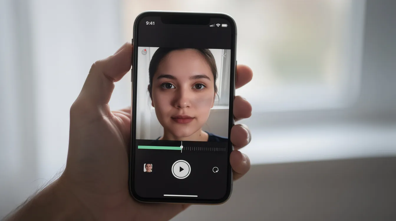 Das Bild zeigt ein Smartphone, das ein kurzes Video abspielt, das aus einem Porträtfoto generiert wurde. Die sanfte Kamerabewegung verleiht dem Video eine dynamische Note, während das Originalbild klar erkennbar bleibt.