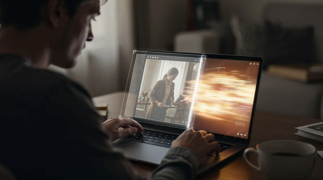 Eine Person sitzt an einem Laptop und betrachtet ein Foto, das sich mithilfe eines KI-Generators in eine bewegte Videosequenz verwandelt. Die Animation zeigt lebendige Übergänge und Effekte, die das ursprüngliche Bild zum Leben erwecken.