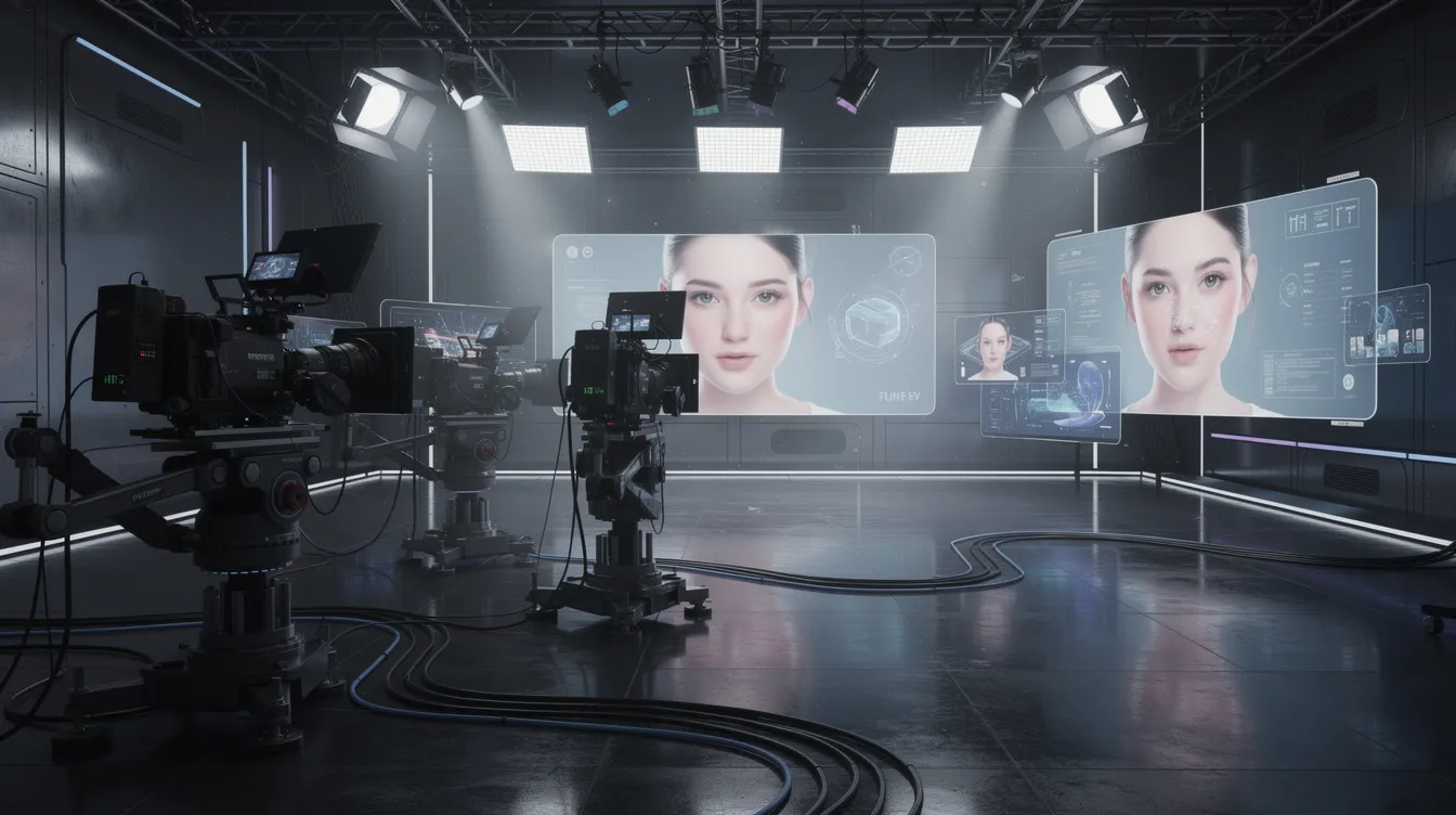 Das Bild zeigt ein futuristisches Filmstudio, das mit modernen Kameras und Scheinwerfern ausgestattet ist. Auf den digitalen Bildschirmen wird das Gesicht der ki Schauspielerin Tilly Norwood in einer beeindruckenden 3D-Rendergrafik präsentiert, die die Möglichkeiten der künstlichen Intelligenz in der Filmbranche verdeutlicht.