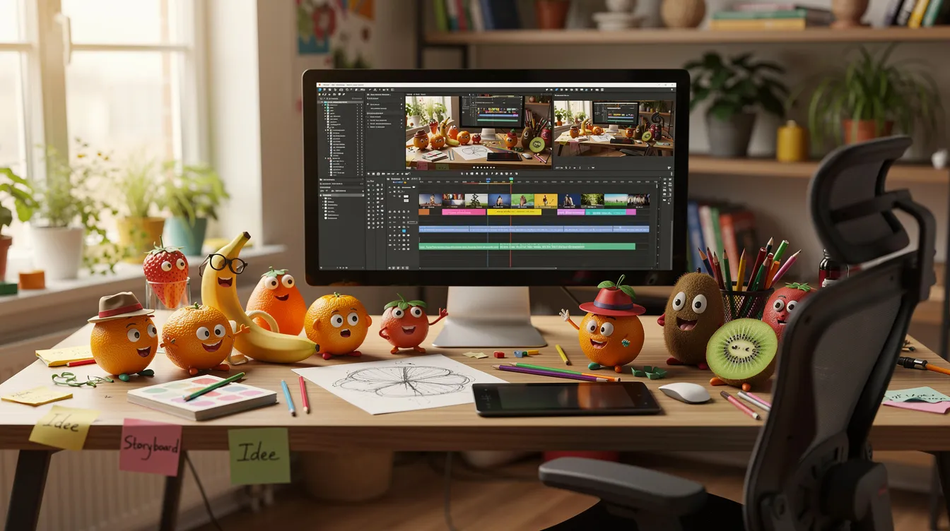 Ein kreativer Arbeitsplatz mit bunten Fruchtfiguren, darunter eine Banane und eine Erdbeere, umgibt einen Computerbildschirm, auf dem ein Video bearbeitet wird. Der Raum strahlt eine lebendige Atmosphäre aus, die die Erstellung von ansprechenden ki fruchtvideos für Plattformen wie TikTok und Instagram fördert.