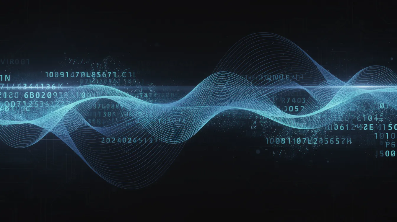 Die abstrakte Darstellung zeigt digitale Wellenmuster und verschlüsselte Datenströme, die vor einem dunklen Hintergrund pulsieren. Diese visuellen Elemente symbolisieren die Komplexität von Informationen und KI-Systemen, die in der modernen Welt eine zentrale Rolle spielen.
