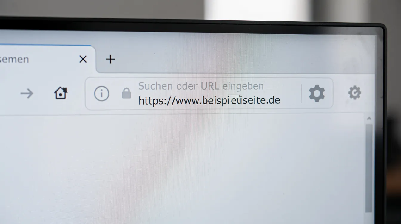 Die Detailansicht zeigt eine Browser-Adressleiste auf einem Computerbildschirm, in der sich ein Einstellungssymbol befindet. Diese Ansicht bietet Zugriff auf die Browser-Einstellungen und ermöglicht die Anpassung von Funktionen und Optionen für eine bessere Nutzererfahrung.