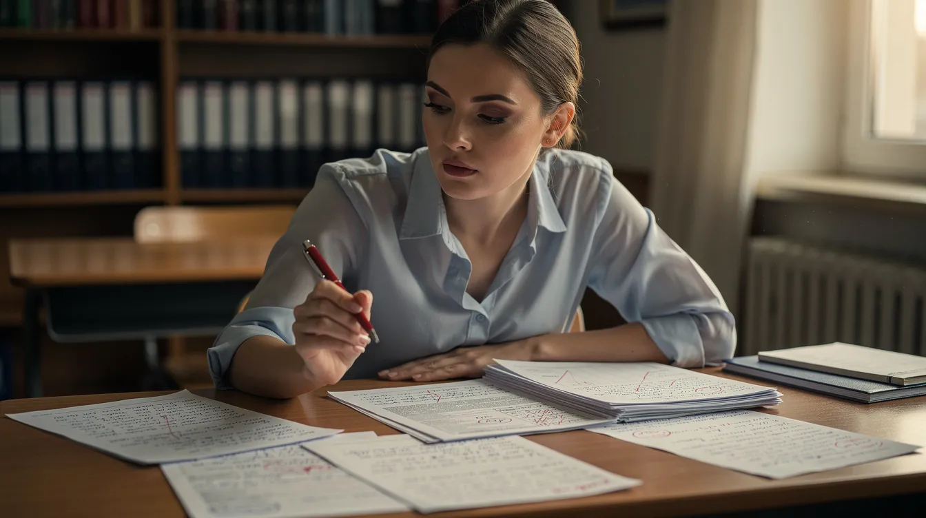 Eine Lehrerin sitzt an einem Schreibtisch und prüft Dokumente mit einem Rotstift in der Hand, während sie konzentriert auf die Unterlagen blickt. Diese Szene spiegelt den Schulalltag wider, in dem Lehrkräfte ihre Unterrichtsmaterialien sorgfältig bewerten und vorbereiten.