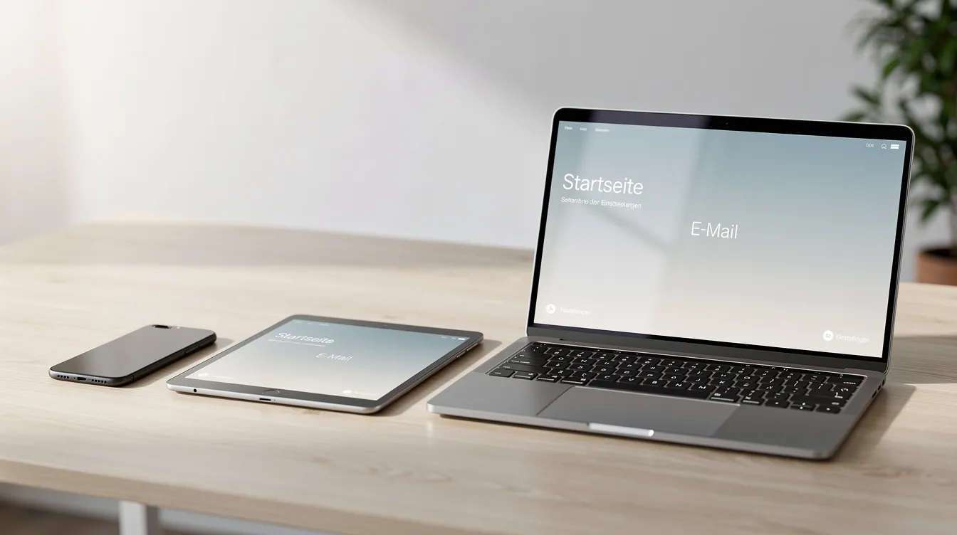 Auf einem Schreibtisch sind mehrere Geräte nebeneinander angeordnet, darunter ein Smartphone, ein Tablet und ein Laptop, die alle in einem modernen und funktionalen Design gehalten sind. Diese Anordnung könnte eine Übersicht mit KI-Funktionen und Möglichkeiten zur Nutzung von Apps und Internetdiensten darstellen.