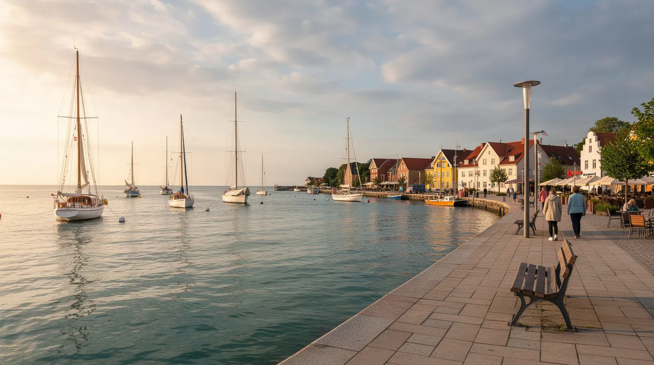 Ein Panoramablick zeigt den Hafen an der Ostseeküste mit mehreren Segelschiffen, die sanft im Wasser schaukeln. Im Hintergrund erstreckt sich eine einladende Uferpromenade, die von Menschen besucht wird und die Schönheit der Stadt Kiel und Schleswig-Holstein widerspiegelt.