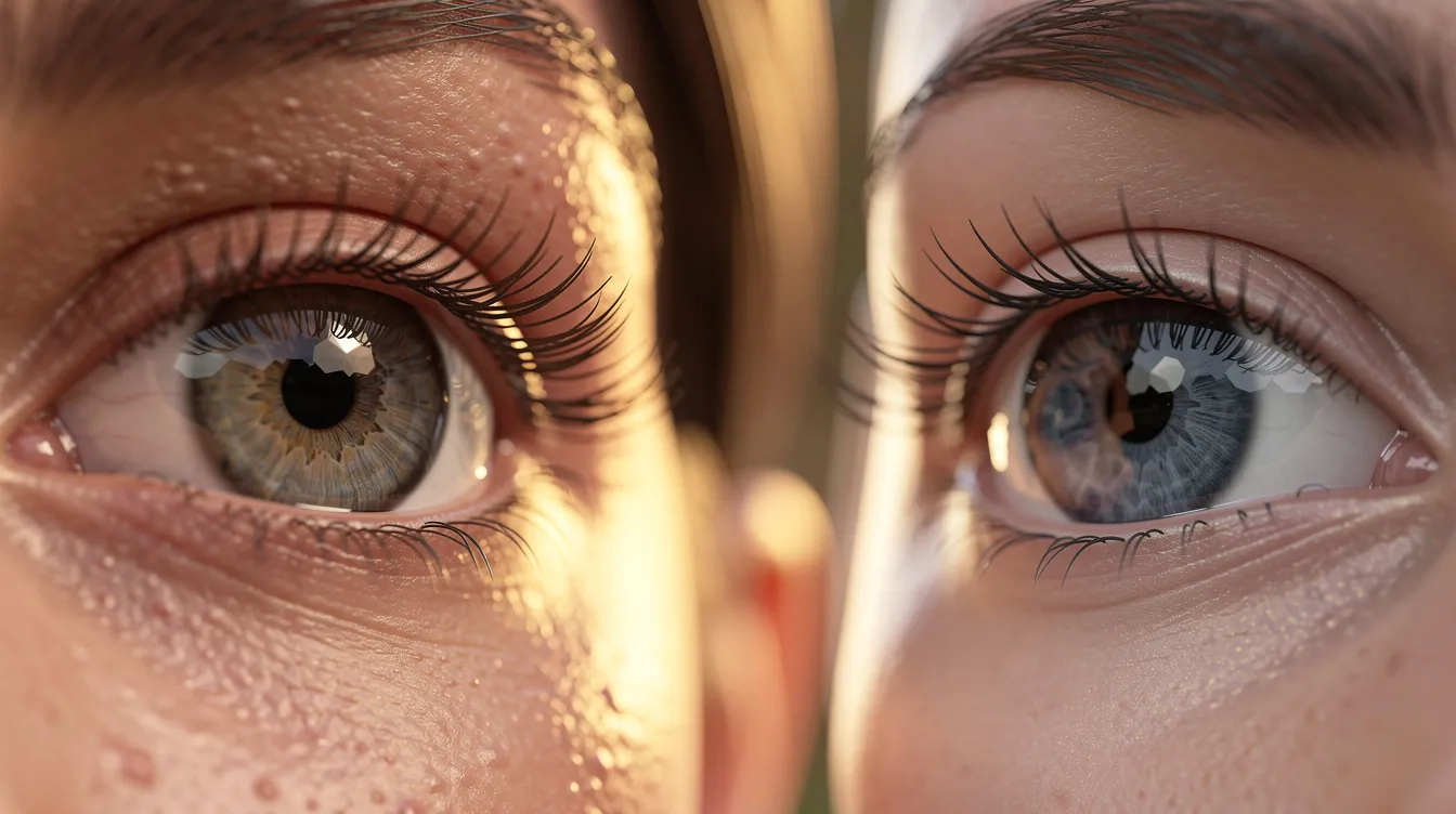 Die Nahaufnahme zeigt ein menschliches Auge, das in warmem Licht leuchtet, daneben ist ein digital gerendertes Auge zu sehen, das ebenfalls in ähnlicher Beleuchtung strahlt. Diese Darstellung könnte die Verbindung zwischen menschlicher und künstlicher Intelligenz symbolisieren, ähnlich wie die KI-Schauspielerin Tilly Norwood in modernen Filmprojekten.
