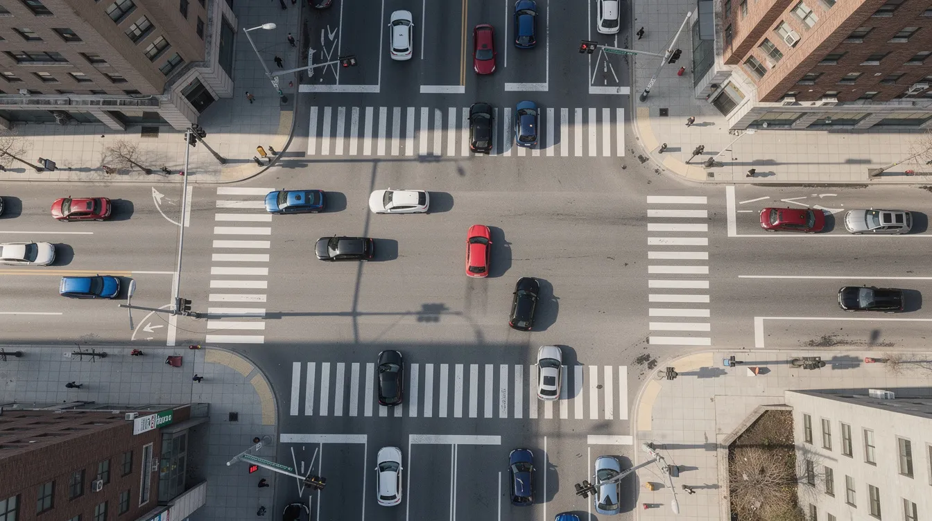 Die Verkehrsszene zeigt eine belebte Kreuzung aus der Vogelperspektive, auf der mehrere Autos mit unterschiedlichen kfz Kennzeichen unterwegs sind. Im Hintergrund sind städtische Gebäude und Bäume zu sehen, die die Umgebung der Stadt Kiel umrahmen.