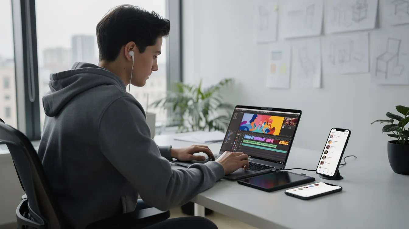 Eine Person sitzt an einem modernen Arbeitsplatz und erstellt animierte Inhalte für soziale Medien auf ihrem Laptop. Der Raum ist hell und einladend, während die Person konzentriert an der Bearbeitung von Videos und Bildern arbeitet, um kreative Ideen zum Leben zu erwecken.