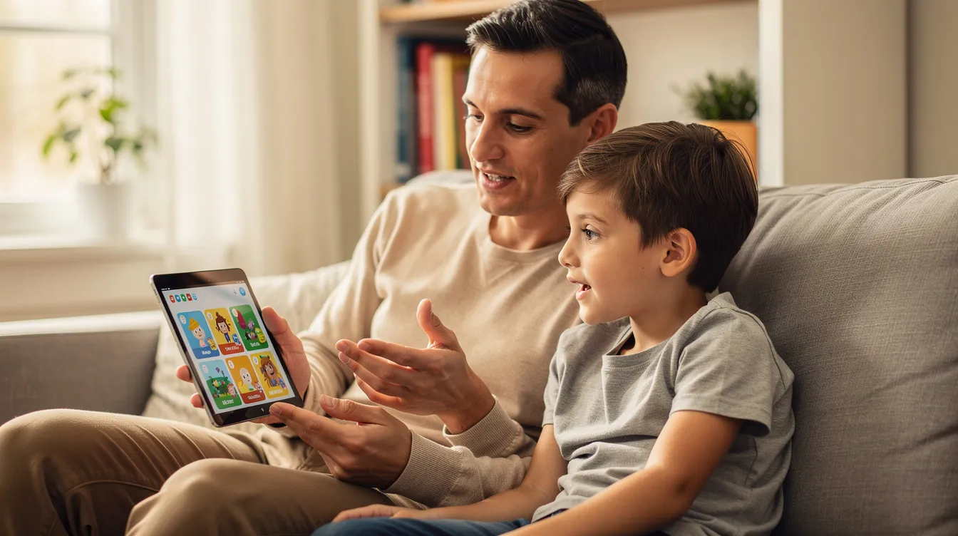 Eine erwachsene Person und ein Kind sitzen zusammen und schauen auf ein Tablet, während sie über verschiedene Medieninhalte wie Videos und Clips diskutieren. Ihre Gesichter zeigen Interesse und Neugier, während sie über die neuesten Trends in sozialen Medien wie TikTok und Instagram sprechen.