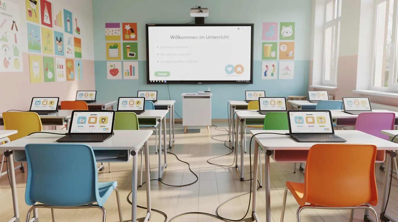 Das Bild zeigt ein bunt gestaltetes Klassenzimmer, in dem Schülertische mit Tablets ausgestattet sind. Im Hintergrund befindet sich eine digitale Tafel, die moderne Lehrmethoden und den Einsatz von KI im Unterricht symbolisiert.