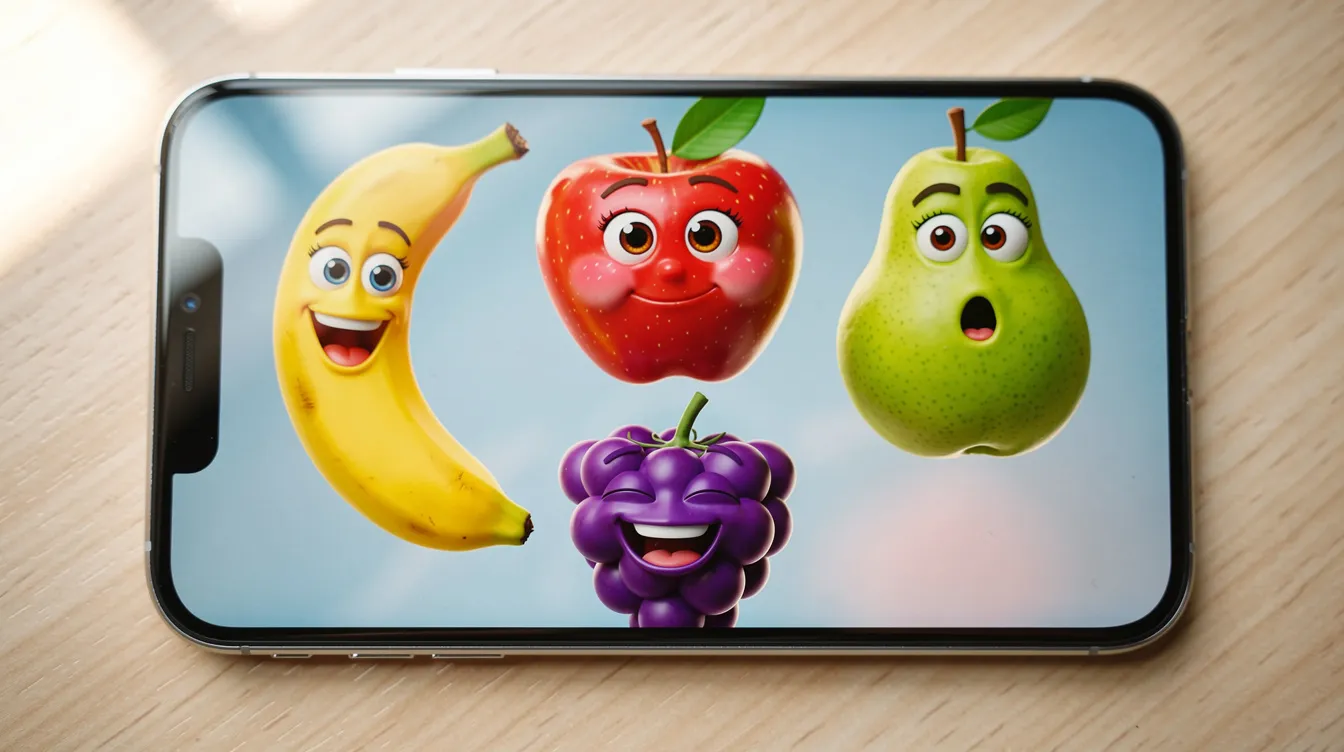 Auf dem Smartphone-Bildschirm sind bunte, anthropomorphe Fruchtfiguren, wie eine Banane und eine Erdbeere, abgebildet, die menschliche Gesichter mit verschiedenen Emotionen zeigen. Diese fröhlichen Obst-Charaktere scheinen Teil eines unterhaltsamen Trends in den sozialen Medien zu sein, der in Form von ki fruchtvideos und Clips auf Plattformen wie TikTok und Instagram populär geworden ist.