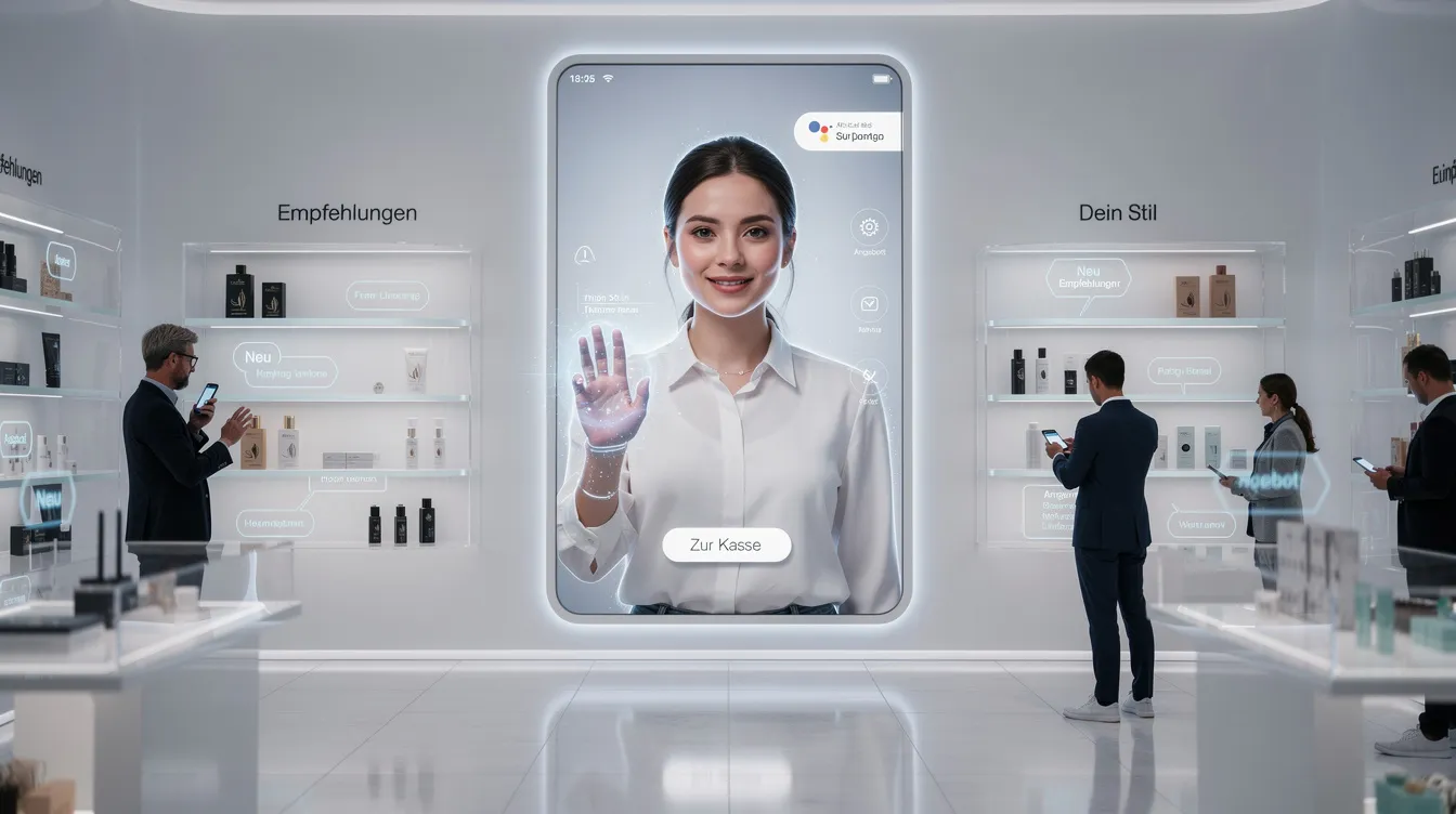 Das Bild zeigt ein futuristisches Shopping-Erlebnis, bei dem eine virtuelle Persona auf einem großen Bildschirm interaktiv mit den Nutzern kommuniziert. Diese KI-Influencerin präsentiert verschiedene Produkte und Outfits, während sie durch Motion Control und Lip Sync lebendige Influencer-Videos erstellt, die die Zuschauer in die Welt des E-Commerce und der sozialen Medien eintauchen lassen.