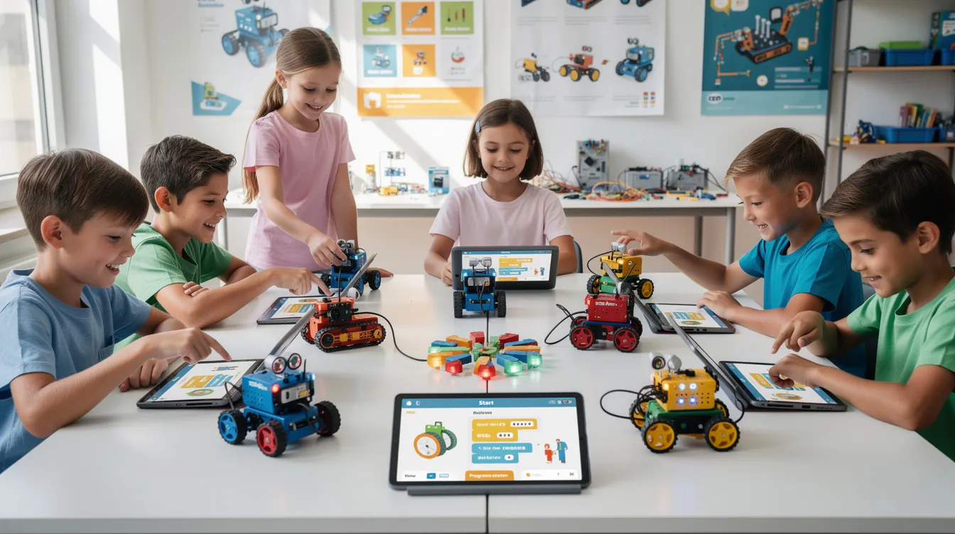 Auf dem Bild sind Kinder zu sehen, die an einem Workshop-Tisch mit bunten Robotern und Tablets experimentieren. Diese kreative Aktivität findet im Rahmen des KI Festivals in Heilbronn statt und fördert das Verständnis für künstliche Intelligenz und Technologie.