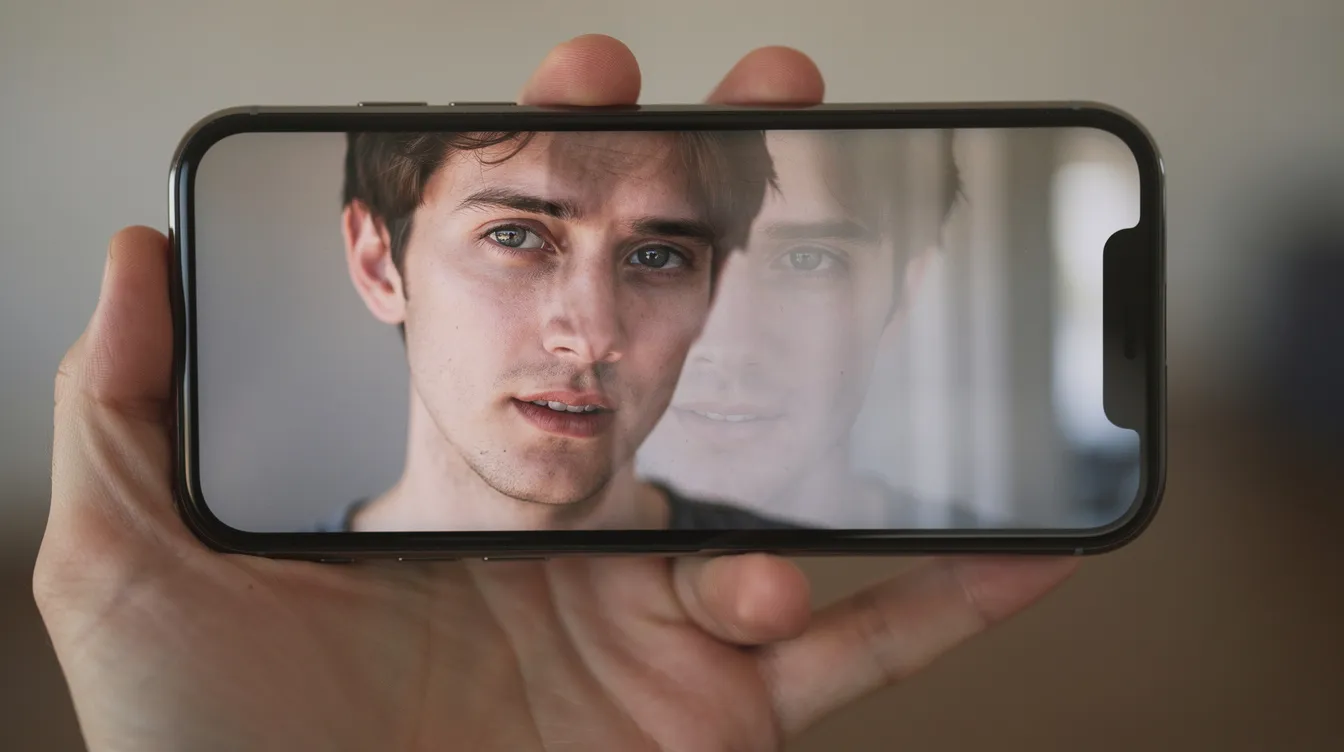 Der Smartphone-Bildschirm zeigt ein animiertes Porträtfoto, bei dem sich der Kopf leicht bewegt, um dem Bild Leben zu verleihen. Diese Fotoanimationen nutzen KI-Modelle, um realistische Ausdrücke und Bewegungen zu erzeugen, die besonders auf Social Media Aufmerksamkeit erregen.
