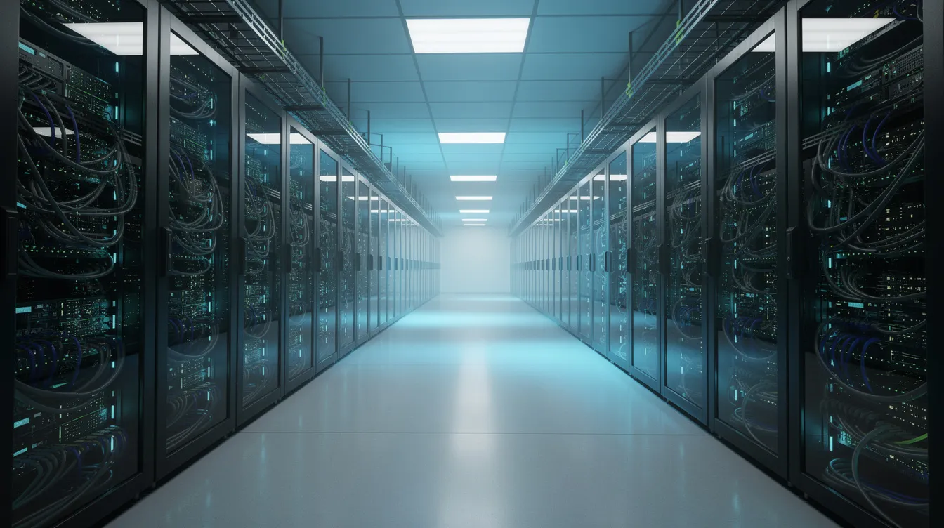 Das Bild zeigt Reihen von Servern in einem modernen, kühl beleuchteten Rechenzentrum, das eine wichtige Infrastruktur für die Entwicklung und den Einsatz von KI-Technologien darstellt. Diese Server sind Teil eines KI-Ökosystems, das für die Verarbeitung und Speicherung großer Datenmengen unerlässlich ist.