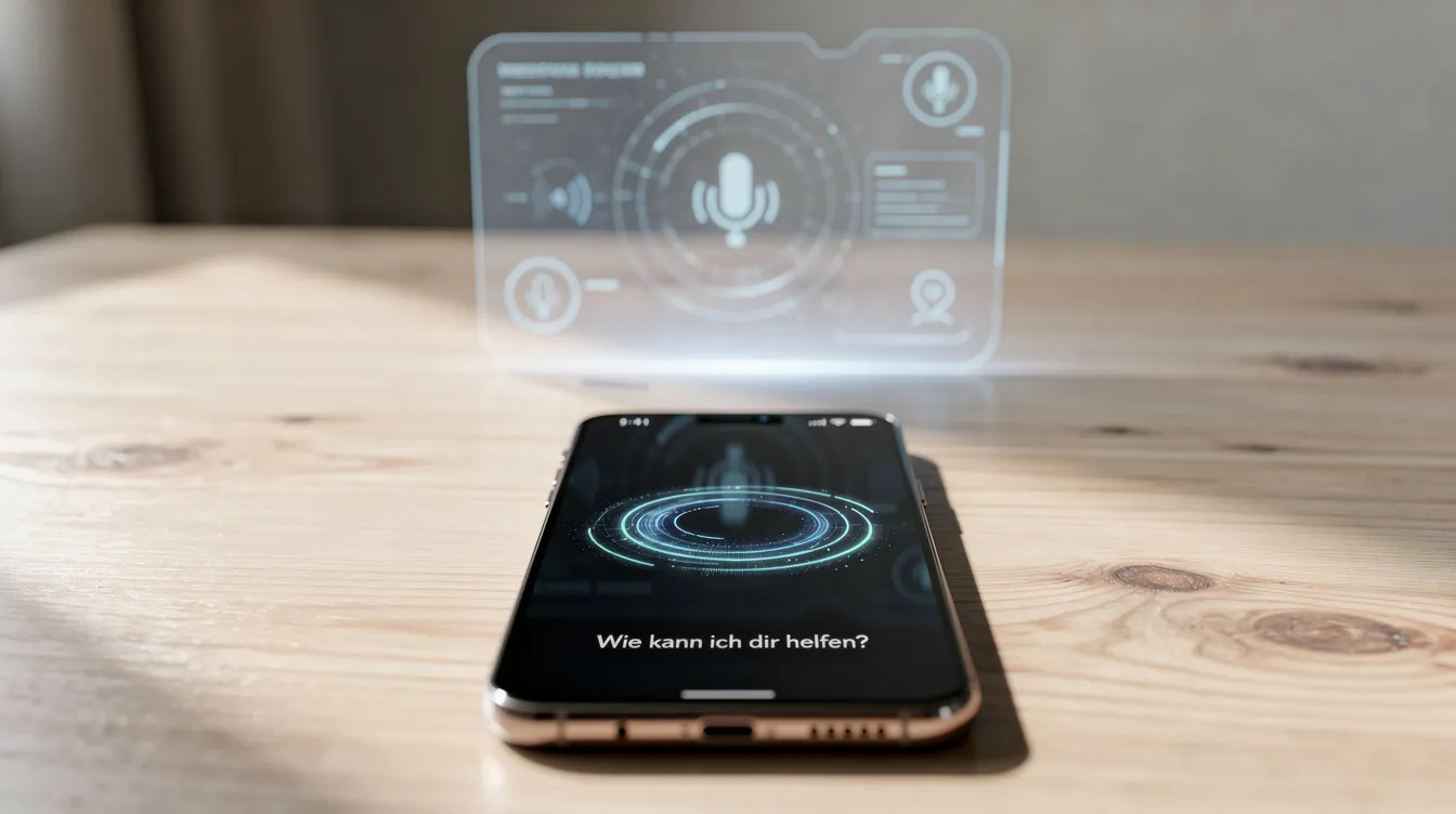 Auf einem hellen Holztisch liegt ein modernes Smartphone, umgeben von einem sanften Leuchten eines digitalen Assistenten-Interfaces, das die Funktionen von Künstlicher Intelligenz und die Möglichkeiten des Telekom-Angebots widerspiegelt. Im Hintergrund sind die charakteristischen Farben von Magenta zu erkennen, die auf die Marke Deutsche Telekom hinweisen.