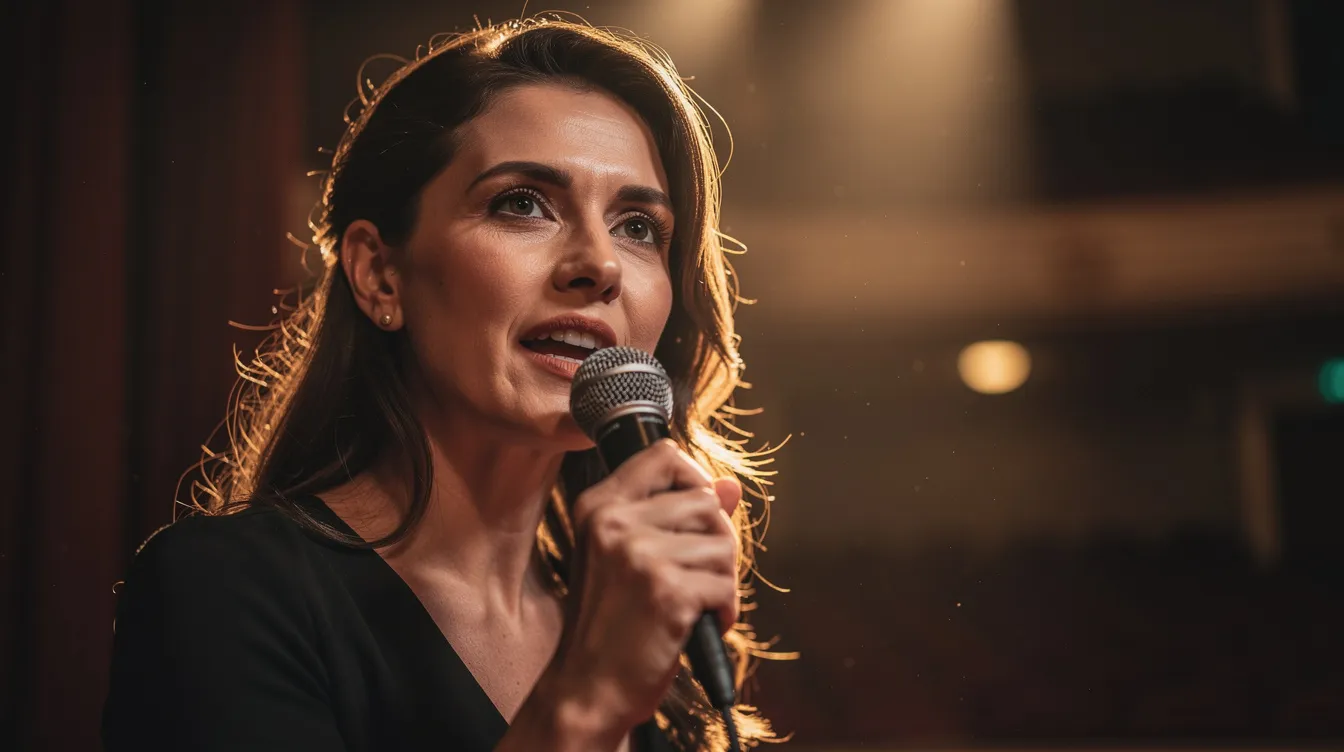 Eine Nahaufnahme einer Frau auf einer Theaterbühne, die in ein Mikrofon spricht, während warmes Bühnenlicht sie beleuchtet. Diese Szene vermittelt eine Atmosphäre von Kreativität und Ausdruck, die mit der Rolle der ersten KI-Ministerin in Albanien, Diella, assoziiert werden könnte.