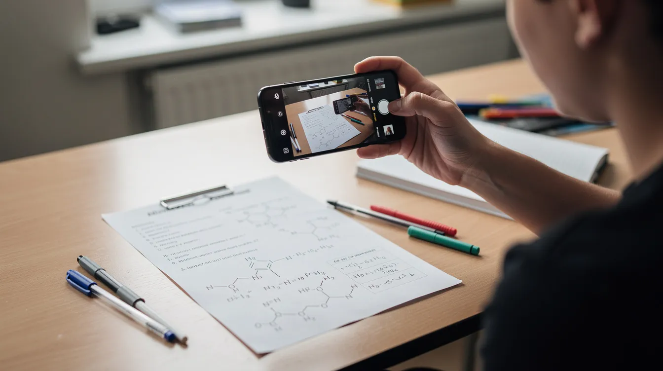 Eine Person fotografiert mit ihrem Smartphone ein Chemie-Arbeitsblatt, das auf einem Tisch liegt. Das Arbeitsblatt enthält verschiedene Chemieaufgaben und Reaktionsgleichungen, die für den Chemieunterricht und das Lernen von Schülern hilfreich sind.
