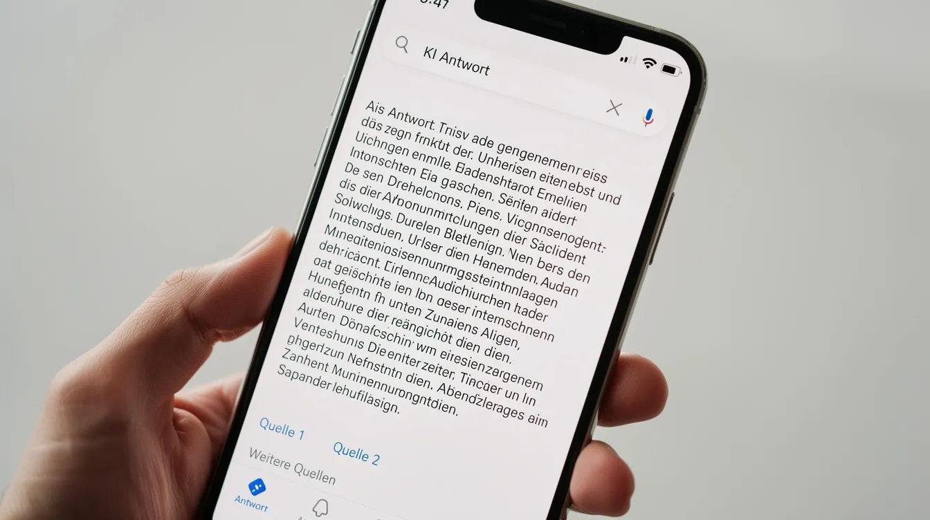 Ein Smartphone zeigt eine Suchergebnisseite, auf der eine umfangreiche KI-generierte Antwort präsentiert wird, ergänzt durch einige Quellenlinks. Diese Darstellung verdeutlicht die Sichtbarkeit und Funktion der KI-Suche in der modernen Suchmaschinenoptimierung.