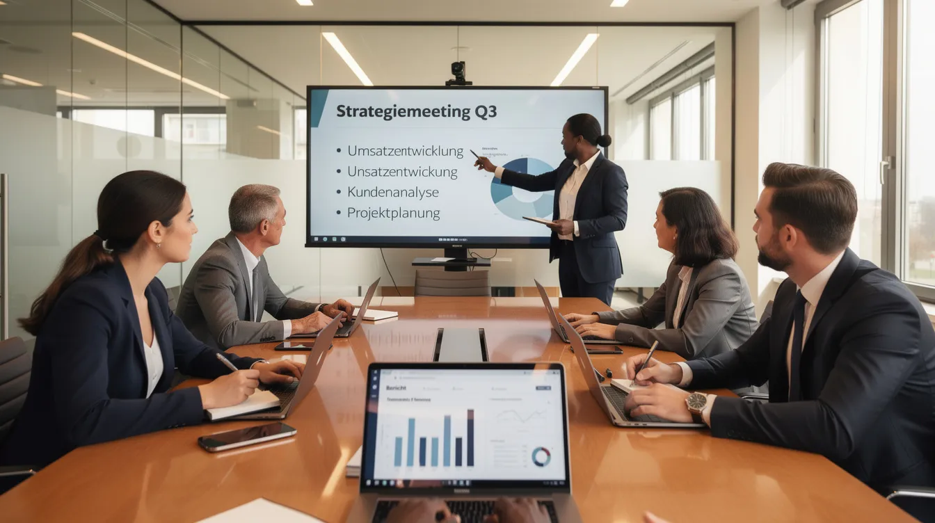 Ein Geschäftsteam sitzt in einem Besprechungsraum und arbeitet gemeinsam an Laptops und Bildschirmen, während sie Informationen zu KI-Technologien und deren Anwendungen austauschen. Die Atmosphäre ist konzentriert, da die Teammitglieder an der Entwicklung von Lösungen arbeiten, die den Compliance-Anforderungen und Datenschutzvorgaben entsprechen.