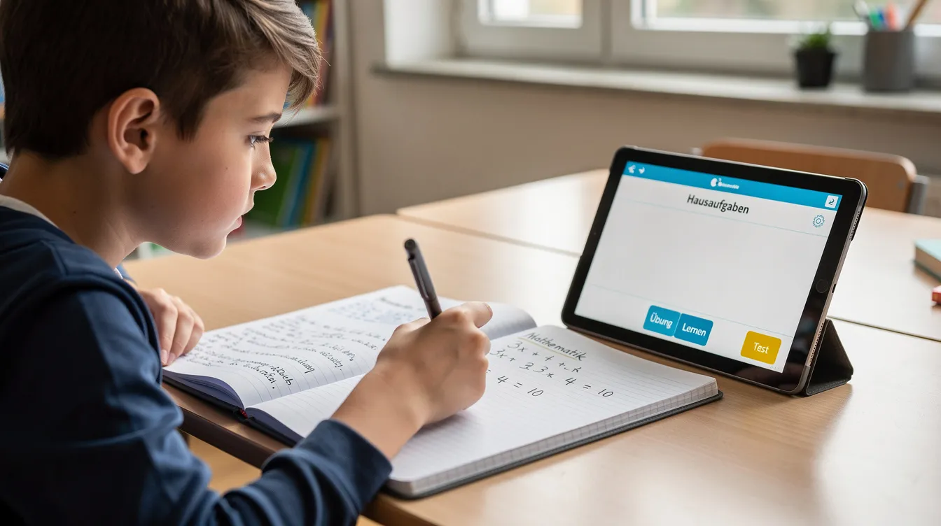 Ein Schüler sitzt an einem Schreibtisch und nutzt ein Tablet, während ein aufgeschlagenes Schulheft neben ihm liegt. Er arbeitet an seinen Mathe-Hausaufgaben und sucht möglicherweise nach Schritt-für-Schritt-Erklärungen für die Aufgaben.